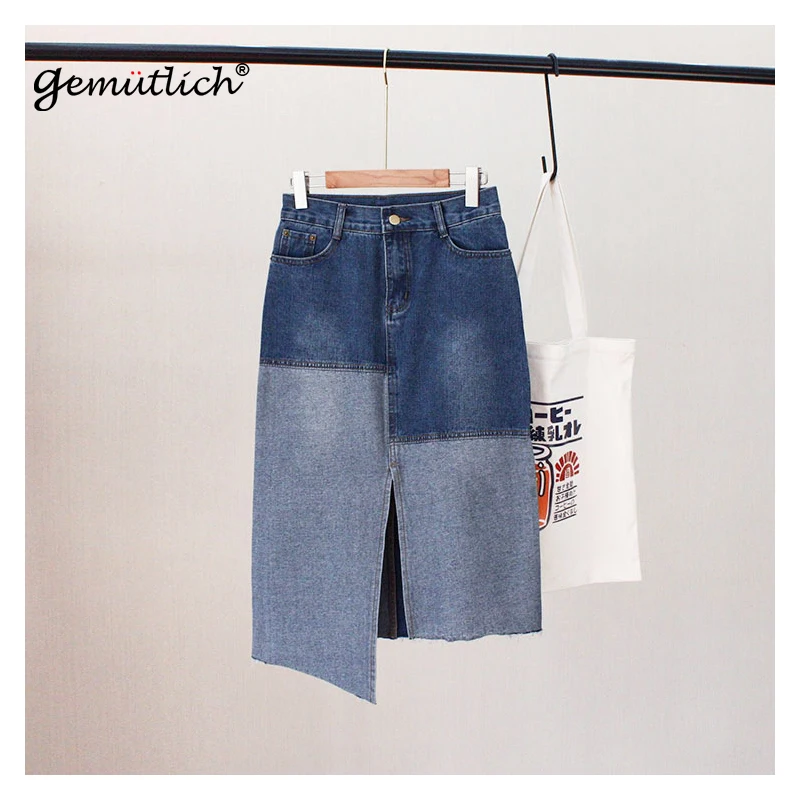 

GEMUTLICH Plus Size S-9XL Women Denim irregular Patchwork Skirt Jeans Front Spilt High Waist Long Skirt Fashion New