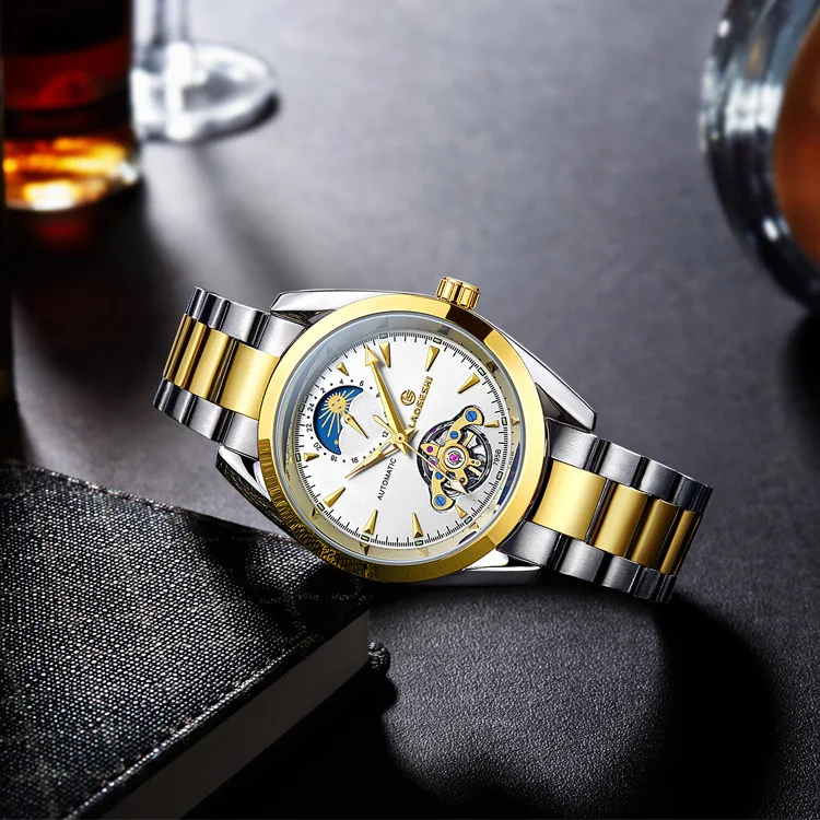 Laogeshi الفاخرة ماركة الساعات الرجال للماء التلقائية الميكانيكية ساعة صغيرة 24 ساعة عرض moonphase relojes