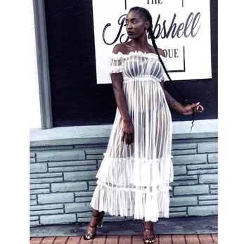

D076 women Europe off the shoulder white sexy sheer maxi party dress