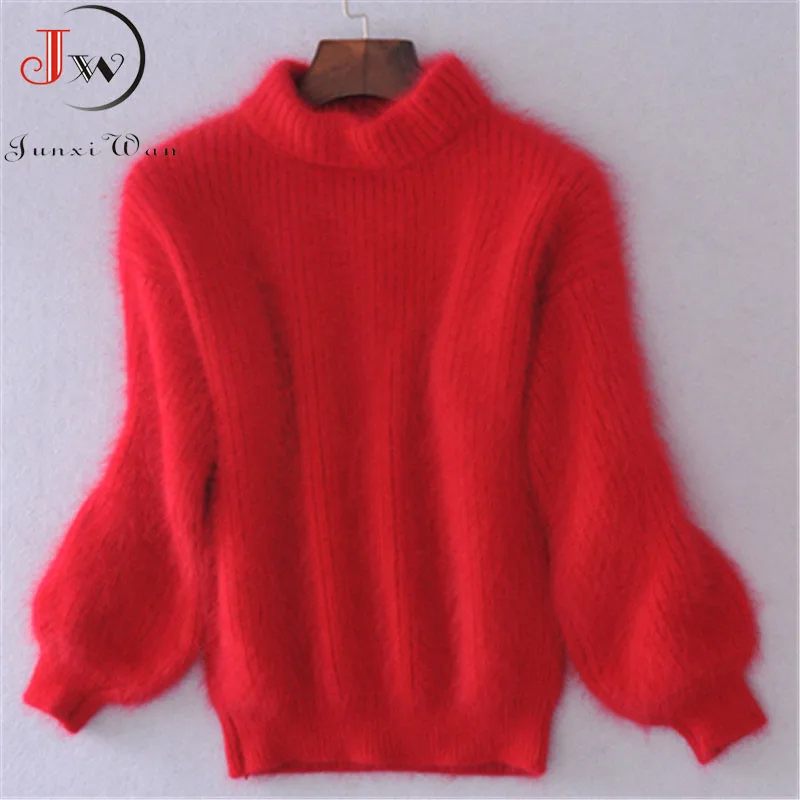 Cheap White Mohair Thicken Turtleneck Sweater 2019 Autumn Winter Sweet Fashion Lantern Sleeve Casual Solid Color Pullover pull femme
