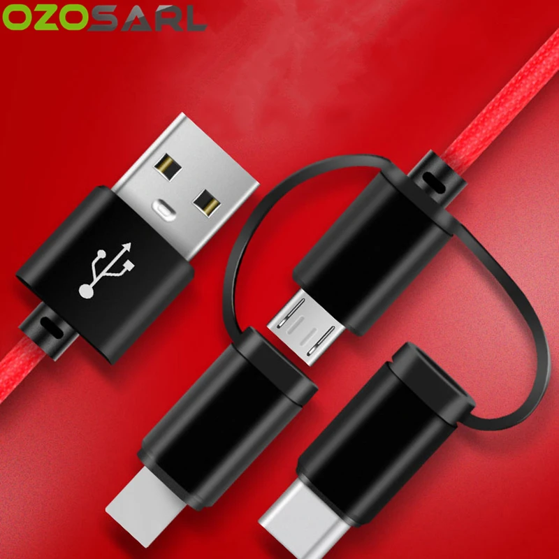 

3 in 1 USB Cable Integrate Nylon Braided Micro USB Type C Cable for Huawei Xiaomi Redmi Samsung USB Cable for iPhone XR X XS MAX