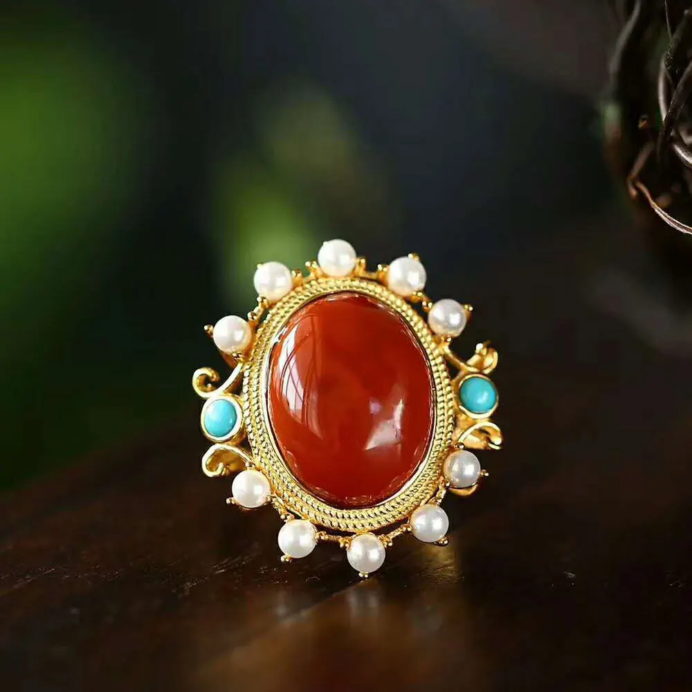 

RADHORSE 925 Silver Rings for Women Fine Jewelry Agate Pearl Turquoise Fine Craftsmanship Sterling Silver Ring Adjustable Golden