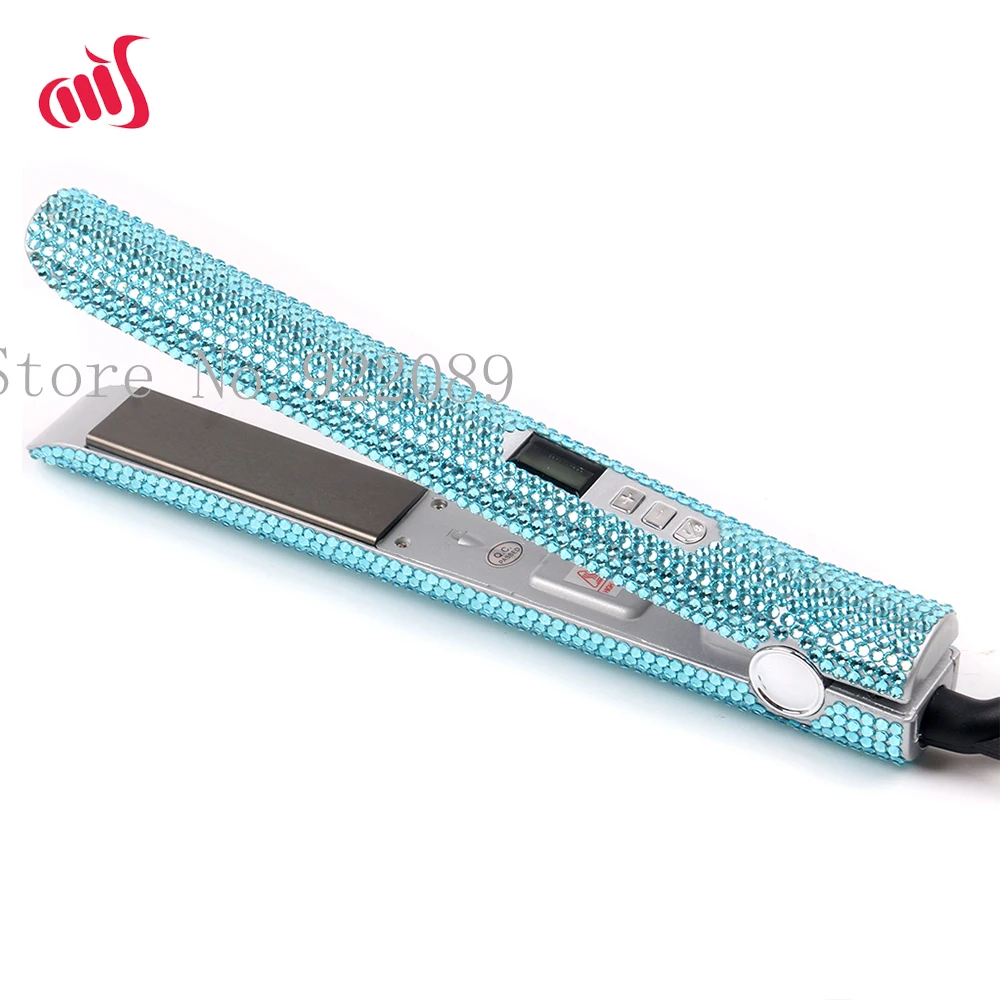 Professional Crystal Hair Flat Iron Titanium Plate Diamond Hair Straightener Crystal Hair Styling Tools with light blue Crystals Professional Crystal Hair Flat Iron Titanium Plate Diamond Hair Straightener Crystal Hair Styling Tools with light blue Crystals