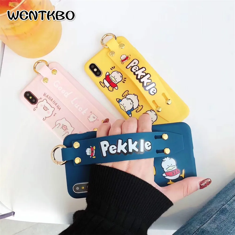 

Korea Cute Cartoon Animal Duck Pig Soft Phone Cases For iPhone 6 6s 7 8 Plus X XS MAX XR Covers Couples Capa With A Wrist Strap