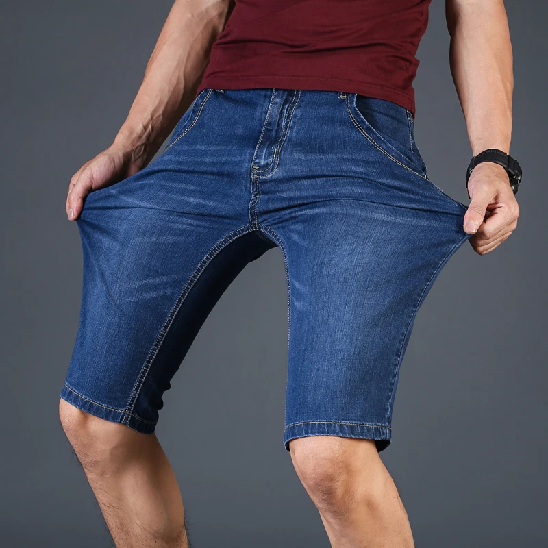 Летние новые хлопковые джинсовые шорты мужские джинсовые Бермуды с карманами до колен однотонные синие мужские короткие брюки размера плюс