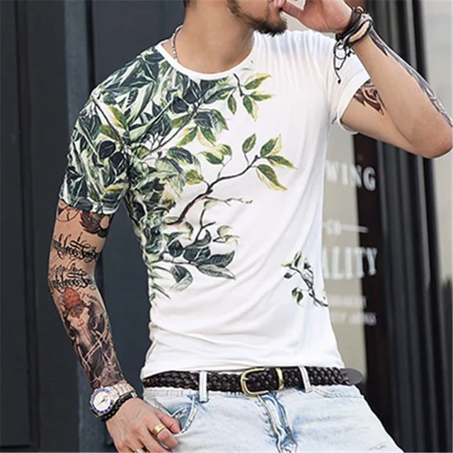 2017 new summer floral print t shirt men 100% cotton short sleeve men ...