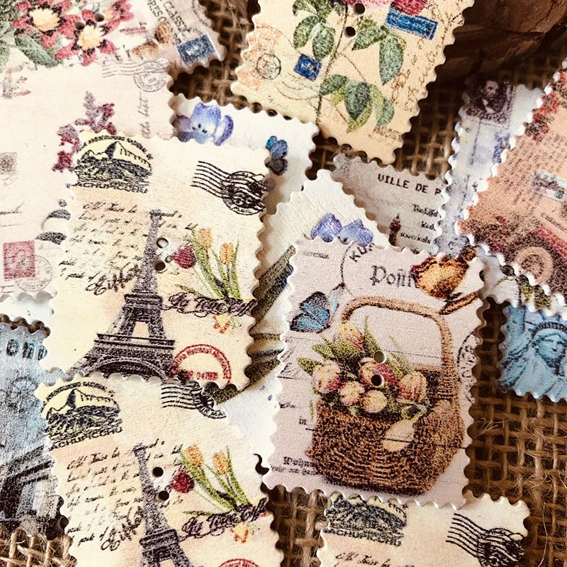 

20pcs Postage Stamp Button Vintage Wood Floral Button, Retro Flower Button, Mix Design, Sewing Scrap booking Supply