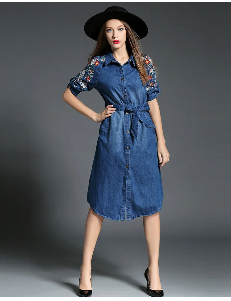 Denim Floral Emboidery Jeans Long dress summer autumn clothing Bowknot
