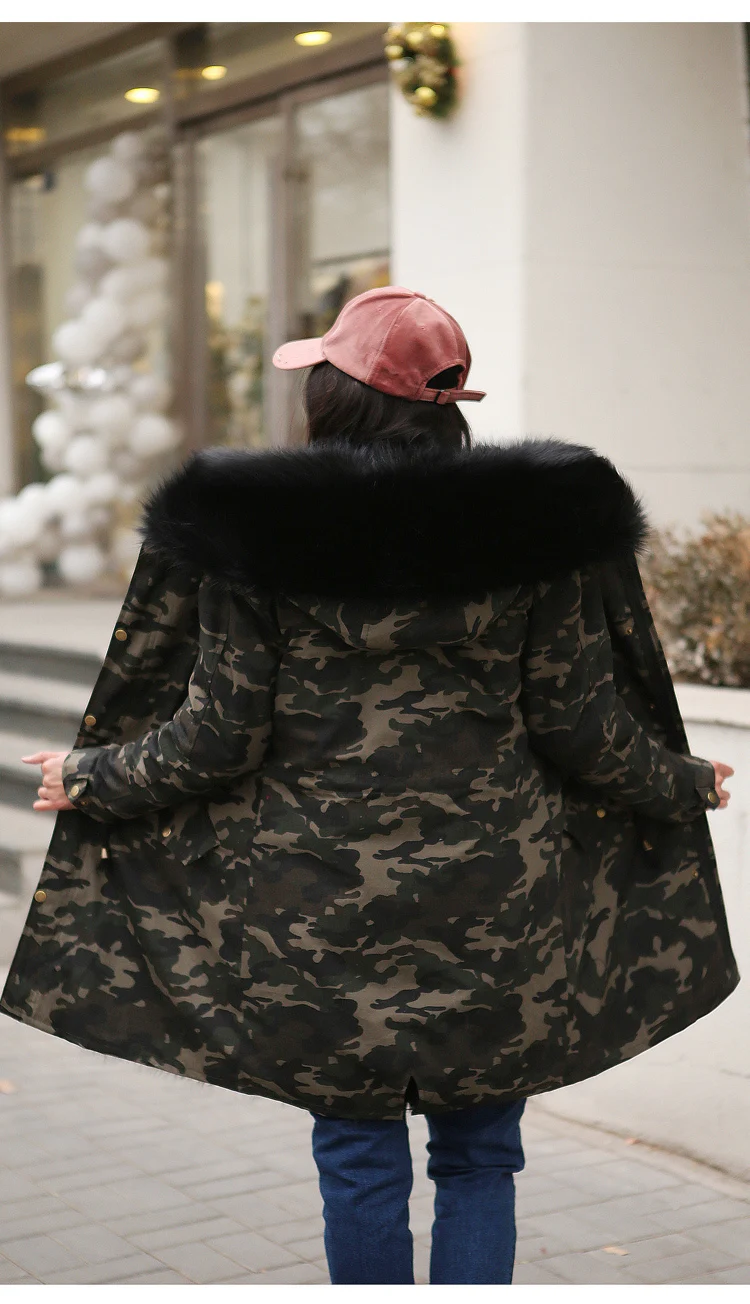 Женское пальто из лисьего меха, зима, новинка, теплая розовая подкладка, замшевый мех, камуфляж, Толстая куртка с капюшоном, воротник, парка, плюс размер, верхняя одежда, PJ313