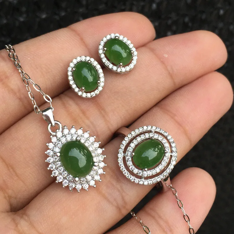 MeiBaPJ Classic Natural Nephrite Jade Gemstone Jewelry Set 925 Sterling