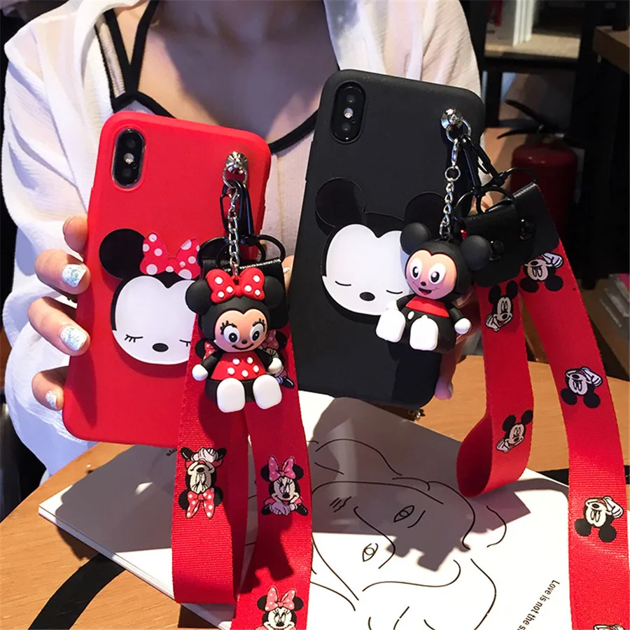 

For Huawei Y9 2019 Case 3D Mickey Minnie Toy Stander Strap Lanyard Phone Case for Huawei Y9 Y7 Prime Y5 Y6 Prime P Smart Cover