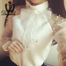 Женская одежда, корейские элегантные европейские белые кружевные топы, модная шифоновая блузка с длинным рукавом, украшенная бантом и бисером