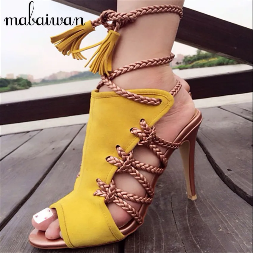 Fashion Yellow Rope Strappy Women Summer Sandals Lace Up High Heels Peep Toe Hollow Out Women Pumps Stilettos Zapatos Mujer