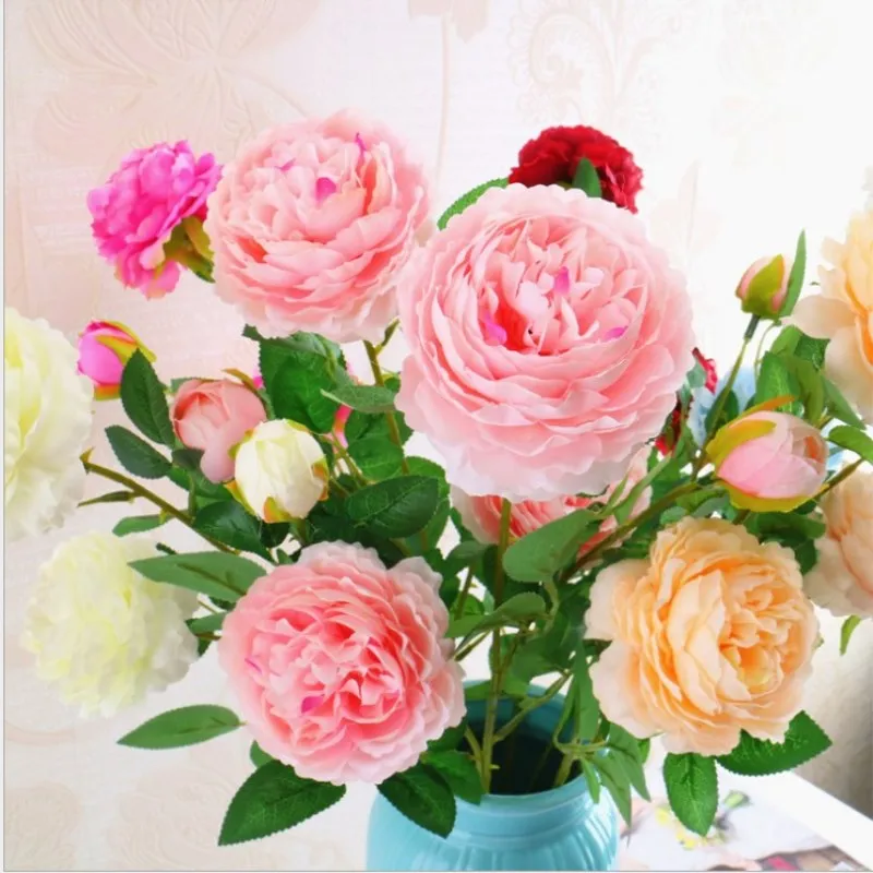 

European Rose Peony 3 Heads Core Artificial Flower Bouquet for Home Ornament and Wedding Decoration Supplies 7 Colors Available