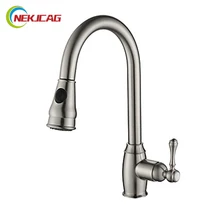 Роскошные Матовый Никель Черный Кухня Pull Out Кран На Бортике Одной Ручкой Pull Down Смеситель Горячей и Холодной Воды Краны