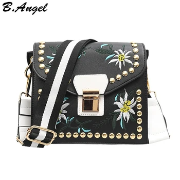 

Flowers Embroidery Leather Bags for Women Small Messenger Bags for Women Luxury Rivet Shoulder Bag High Quality Cross boday