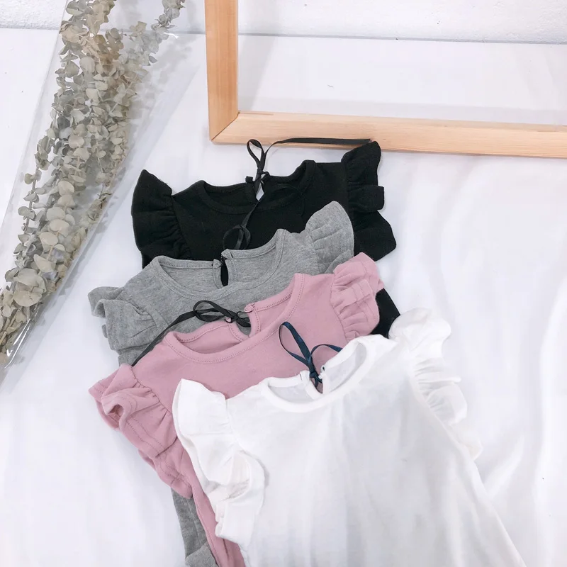 

2019 Summer Girls T shirt Ruffles Flare Sleeve Kids Clothes Solid Color Cotton Baby Girls Tops Tee RT374