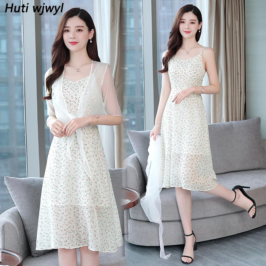 

2019 White Print Chiffon Two-piece Set Vintage Elegant Dresses Summer 3XL Plus Size Midi Sundress Women Bodycon Party Vestidos
