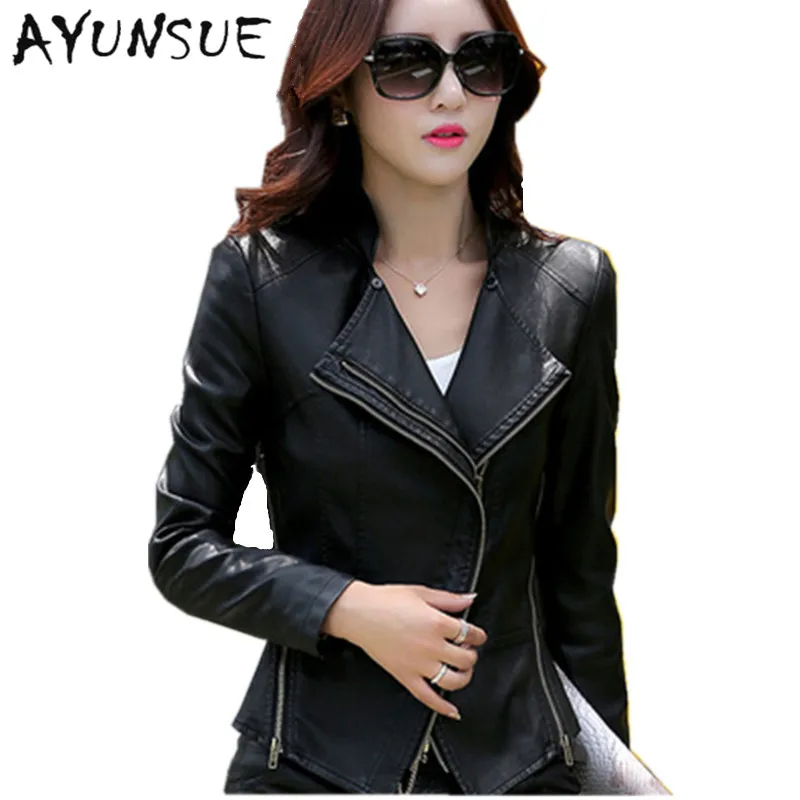 

2019 New Women Fashion Leather Jacket Spring Autumn Clothing Short Slim Casual Coats Sheep Leather Jackets Plus Size WUJ0062