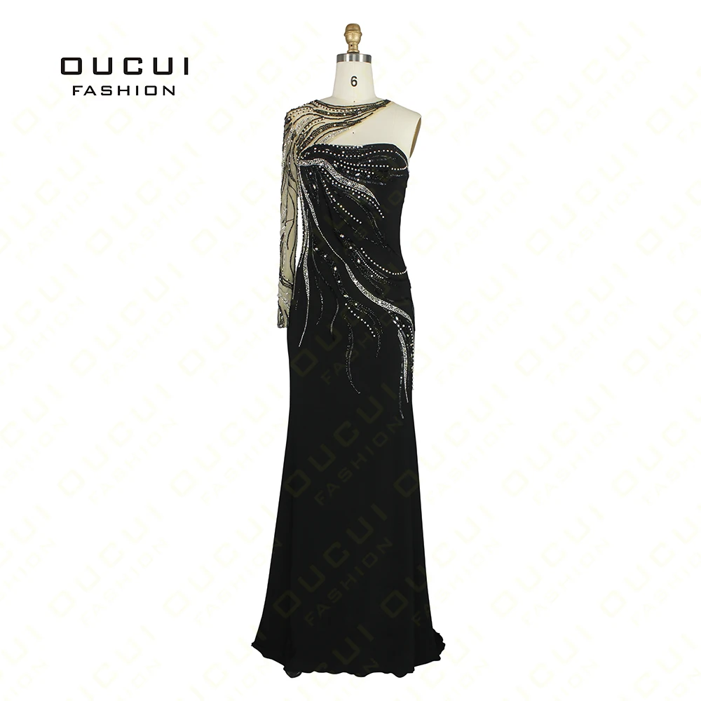 

Jersey Fabric Handmade Beads One Shoulder High End Long Sleeve Evening Dress OL102308 Free Shipping