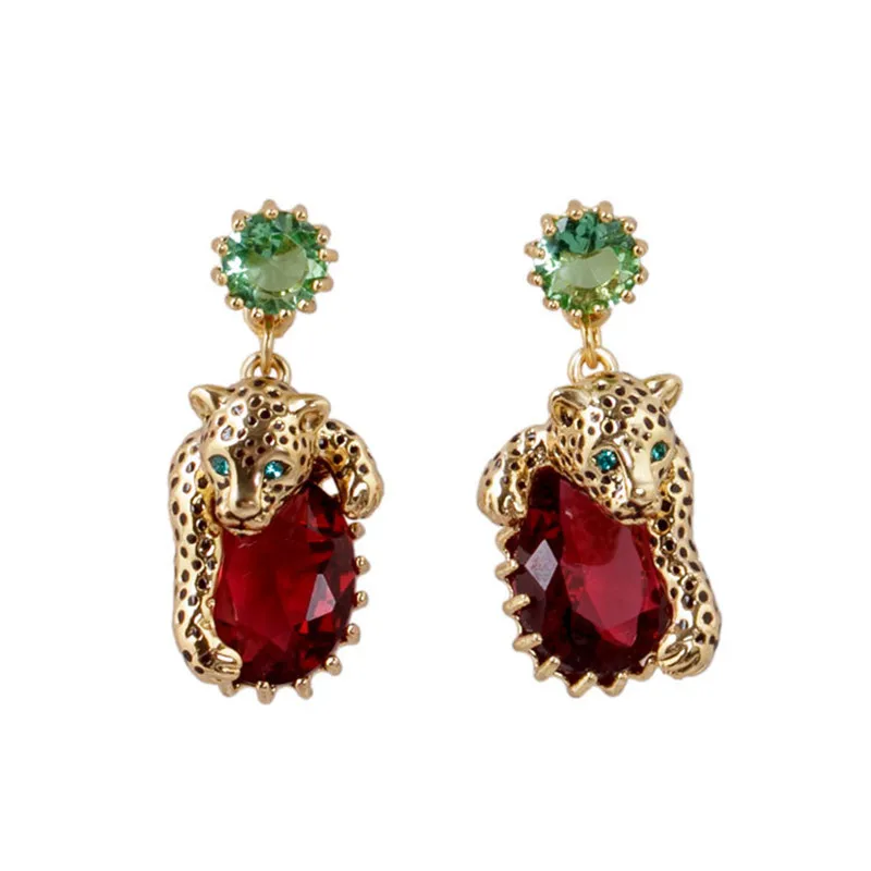 

Warmhome Trendy Jaguar Series Enamel Glaze Copper Naturally Leopard Red Gem For Women Stud Earrings