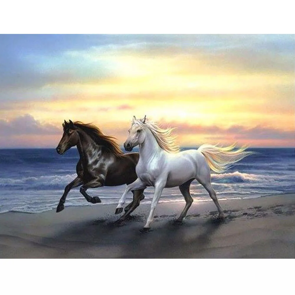 NEW 3D Diamond Painting Cross Stitch Two Horses Beach Run Crystal Needlework Embroidery Full Decorative D0791 | Дом и сад