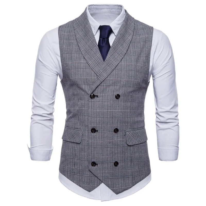 

Business Casual Plaid Vest Spring autumn men gentleman slim Double-breasted British style sleeveless jacket brand Waistcoat