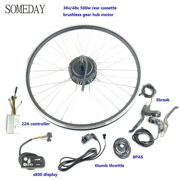 

Electric bicycle conversion kit 36V/48V 500W rear cassette brushlesss gear hub motor with 36v/48v 22A JN controller S800 display