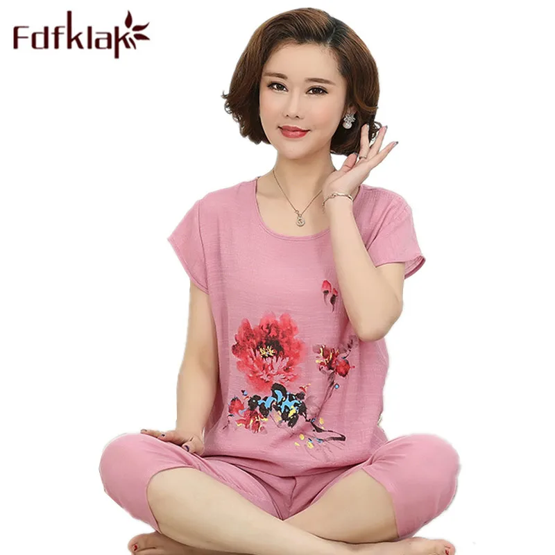 

Fdfkalk XL XXL 3XL 4XL Large Size Woman Pijamas Summer Short Sleeve Cotton Linen Pijamas Pyjamas Women Sleepwear Pyjamas Q1015
