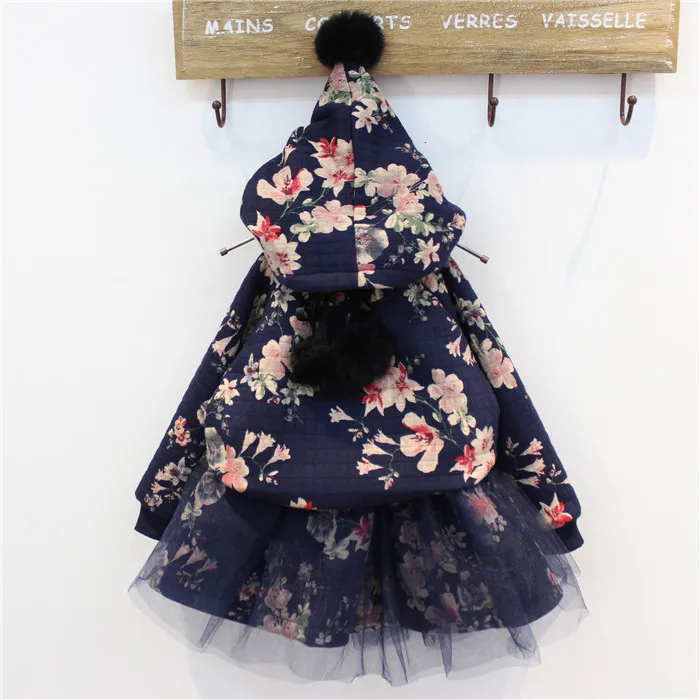 

new 2015 autumn winter cute flower hooded+mesh patchwork skirts 2pcs baby girls clothing suit for 2~7 age children clothes sets
