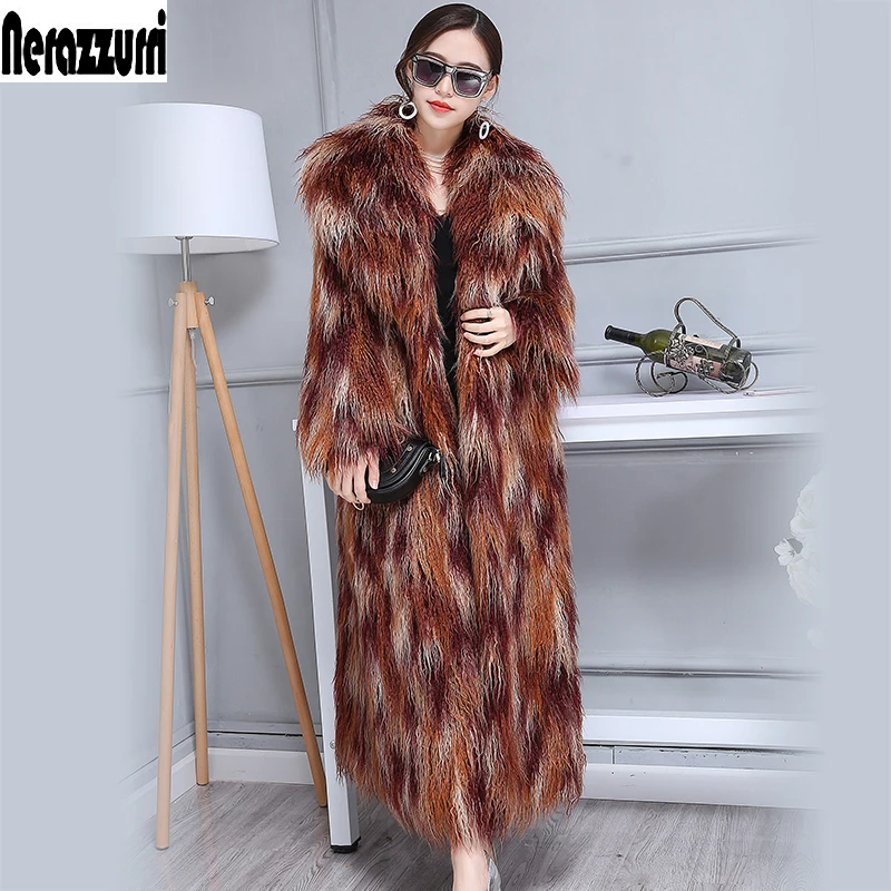 Nerazzurri Winter Faux Bontjas Vrouwen 2019 Extra Lange Kleurrijke Shaggy Harige Maxi Plus Size Mongoolse Schapen bont Jas 5xl 6XL Nerazzurri Winter Faux Bontjas Vrouwen 2019 Extra Lange Kleurrijke Shaggy Harige Maxi Plus Size Mongoolse Schapen bont Jas 5xl 6XL