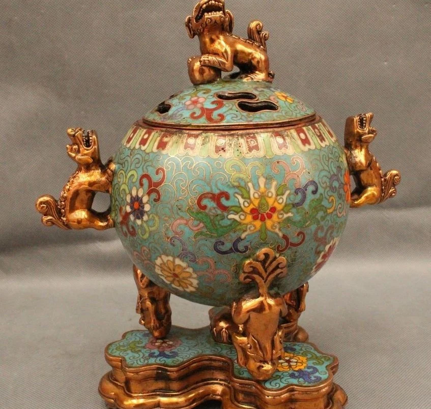 11&quot Chinese Cloisonne Folk Copper Lion Foo Dog Beast Handle Incense Burner Ce | Дом и сад