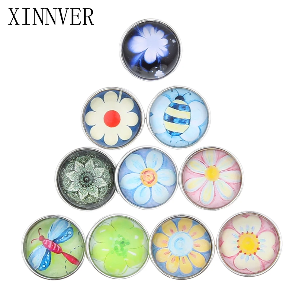 

10Pcs/lot Mixed Styles Flower Pattern 18mm Glass Snap Button Jewelry Fit Metal Snap Bracelets Xinnver Snaps Jewelry ZB349