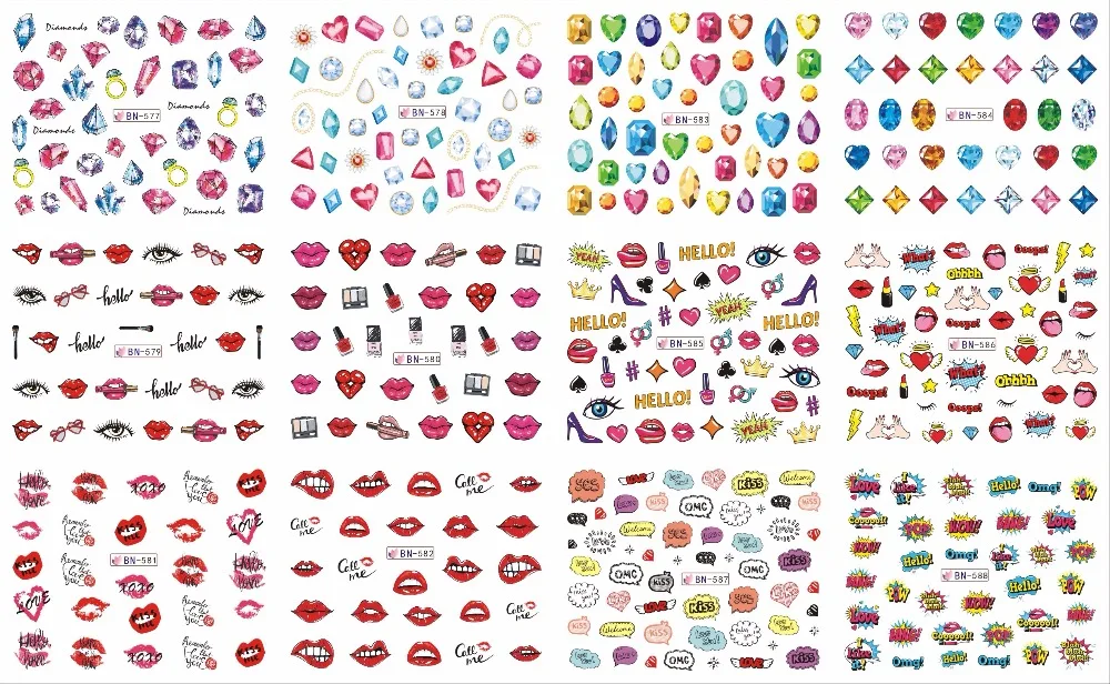 

12 PACK/ LOT WATER DECAL NAIL ART NAIL STICKER FULL COVER VALENTINE LOVER LIP KISS SWEET HEART RUBY DIAMOND BN577-588