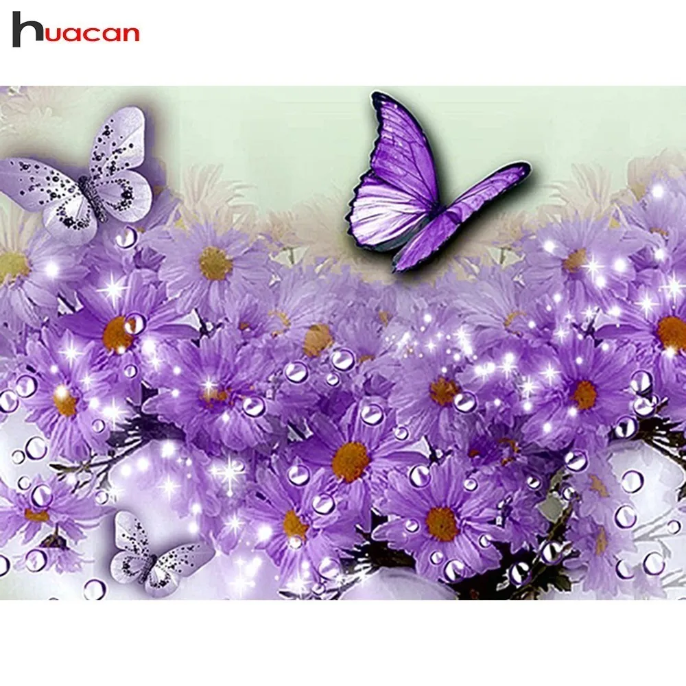 

HUACAN full squre Diamond Embroidery purple Flower 5D Diamond Painting Cross Stitch butterfly Rhinestones Home Decor Gifts
