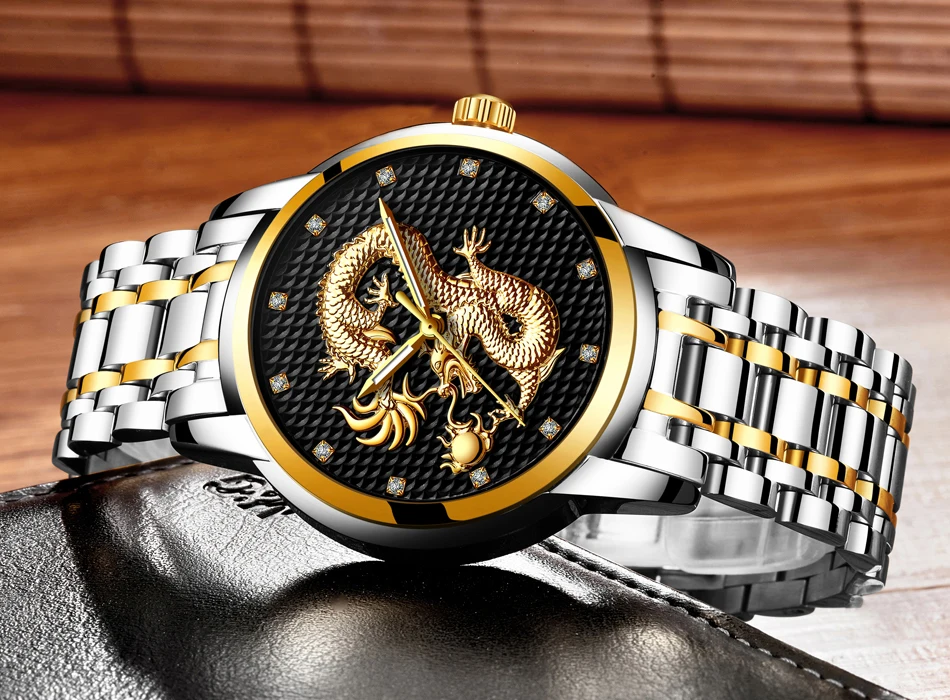 2021 LIGE New Golden Mens Watches Top Brand Luxury Chinese Dragon Watch Business Full Steel Quartz Clock Male Relogio Masculino