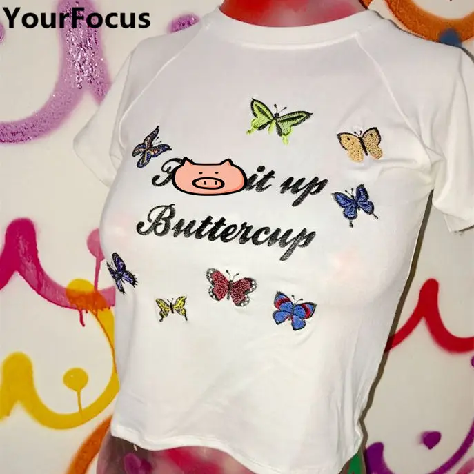 

Summer vintage ins style omighty rainbow colorful butterfly pattern embroidery short sleeve crop top tshirts tee YQ-1003