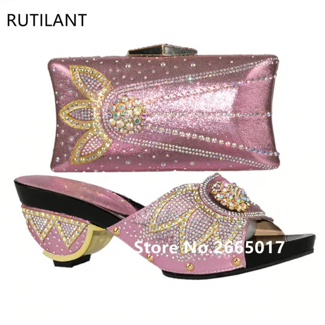 Africanos Sistemas Italianos Bolsa Zapatos púrpura Boda Mujeres Atractivo Del La Los rosado Oro Señoras De Zapato Decorado Para Las Con plata Conjunto Bolso Rhinestone Y UqqE7RwP