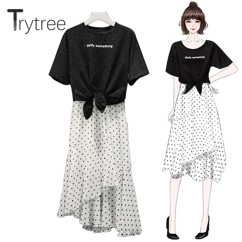 

Trytree Summer Autumn Women Polka Dot two piece set Casual Shining tops + Skirts Elastic Waist A-line Skirt Suit Set 2 Piece Set