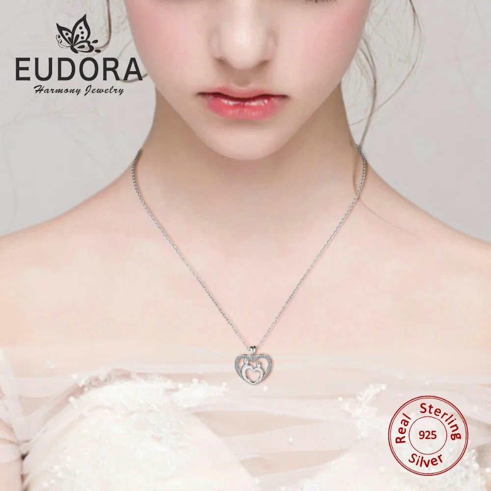 

Eudora Real 925 Sterling Silver Mom & Baby Crystal Heart Pendant AAA CZ Necklace Fine Jewelry for women Mother son daughter gift
