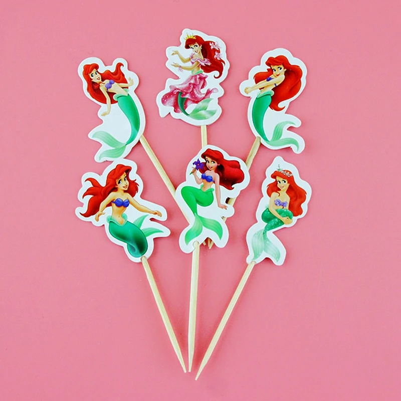 

24pcs/lot Mermaid Girl Princess Cupcake Topper pick Theme Cartoon Kids Boy Birthday Party Supplies wedding cake flag Decorations