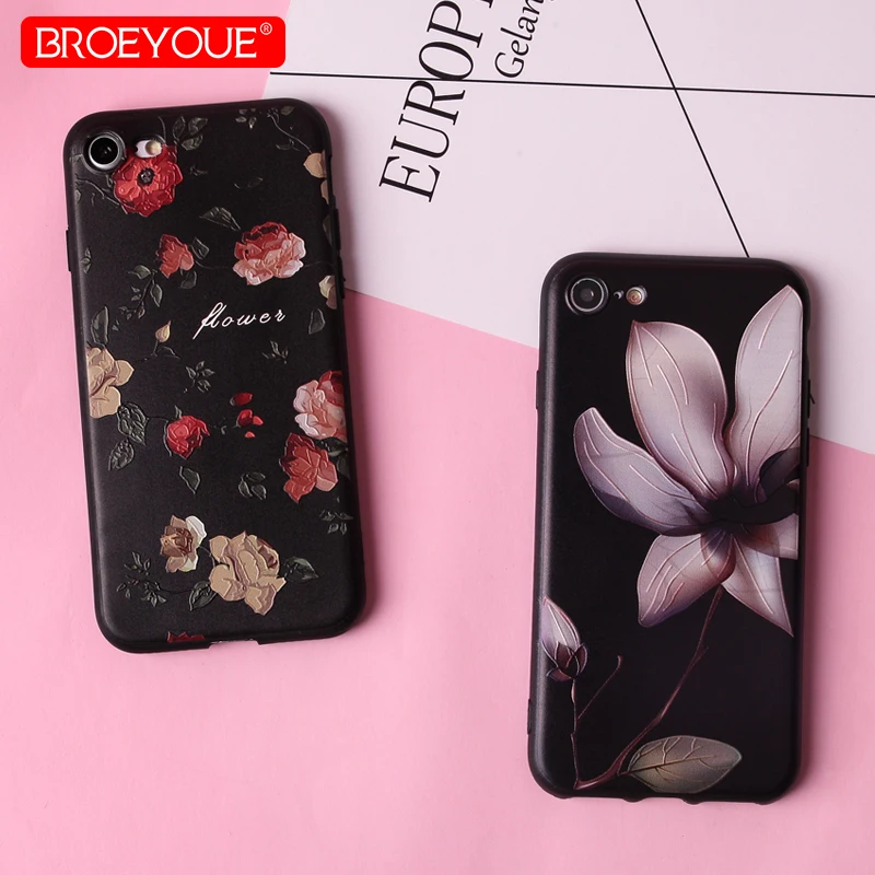 

BROEYOUE Cases For iPhone 7 8 Plus X 6 6S 6S Plus 3D Relief Soft TPU Silicone Flower Case Back Cover For iPhone 5S SE 6 6S Plus