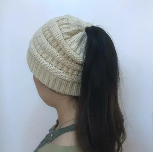 Womens Beanie Tail Messy Soft Bun Hat Ponytail Stretchy Knit Crochet Skull Cap b 