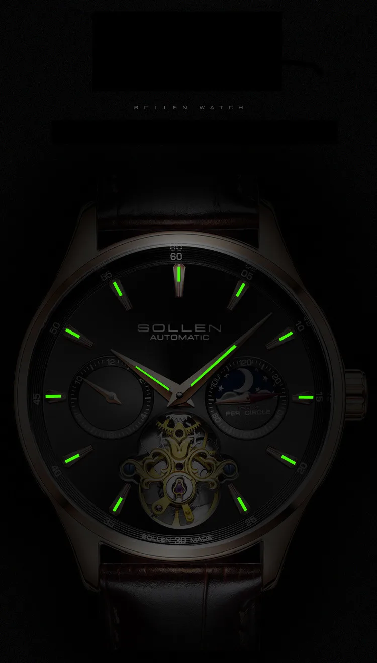 SOLLEN Брендовые мужские часы автоматические механические часы Tourbillon спортивные часы кожаные повседневные деловые наручные часы Relojes Hombre