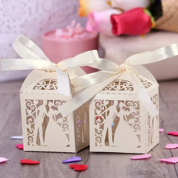 

Couple Design Luxury Lase Cut Wedding Sweets Candy Gift Favour Boxes with Ribbon Table Decorations (Creamy-white)