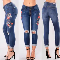 Рваные модные сексуальные джинсы для женщин со средней талией узкие джинсовые брюки эластичные стрейч вышивка сексуальные джинсы женская