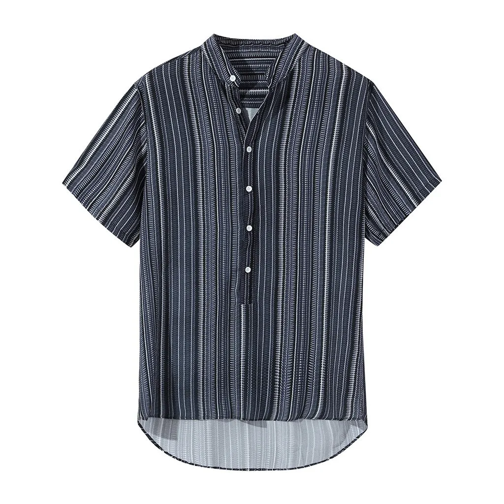 Womail 2019 القادمون الجدد أزياء فريد نمط رجل الصيف مخطط أزرار يطير تنفس قصيرة الأكمام عارضة هينلي قمصان