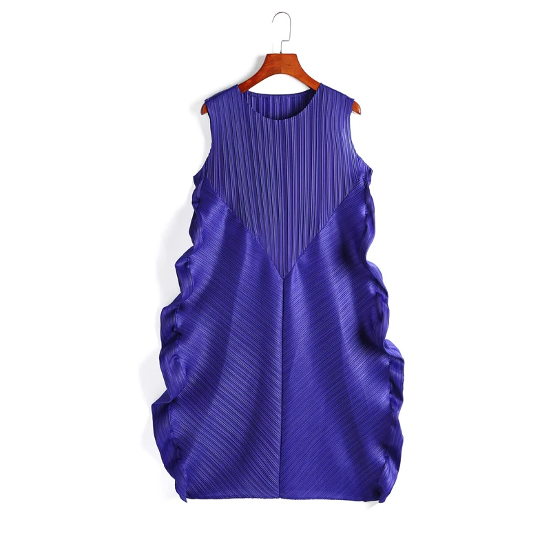 Changpleat новые летние женские платья miяк плиссированные модные дизайнерские без рукавов однотонные Свободные Большие размеры женские платья Tide D890 - Цвет: Blue