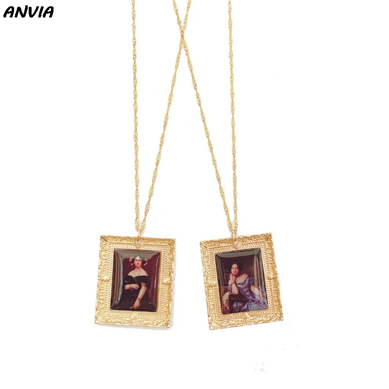 

New Art Picture Pendent Necklace Women Oil Painting Charm Alloy Lady Portrait Vintage Handmade DIY Accessories Statement Gifts