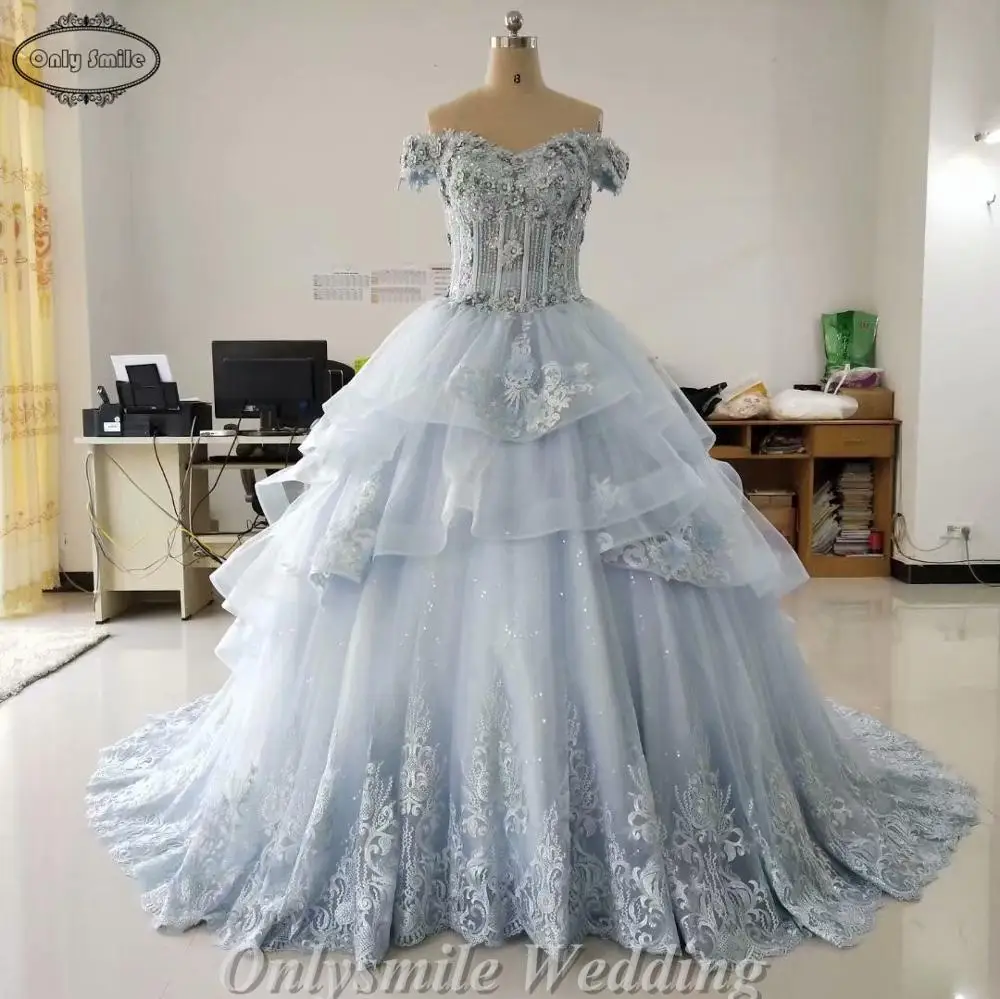 Onlysmile Vestido de Noiva Princesa Luxo винтажное светло-синее свадебное платье кружевное свадебное платье бальное платье с цветочным узором, большие размеры